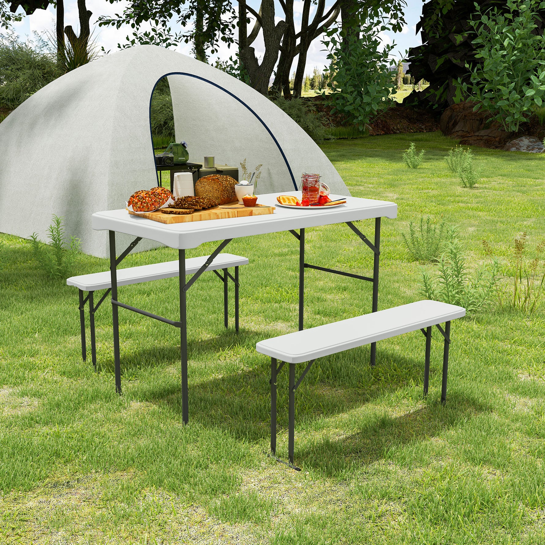 Ensemble table pliante et bancs de pique-nique 113 cm avec poignées de transport, table et banc pliable gris clair blanc