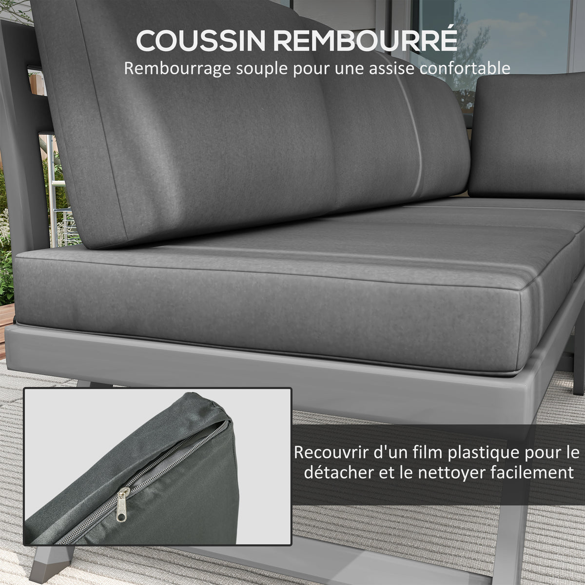 Ensemble salon de jardin d'angle et convertible 4 pièces avec 2 banquettes, 1 fauteuil d'angle et 1 table basse