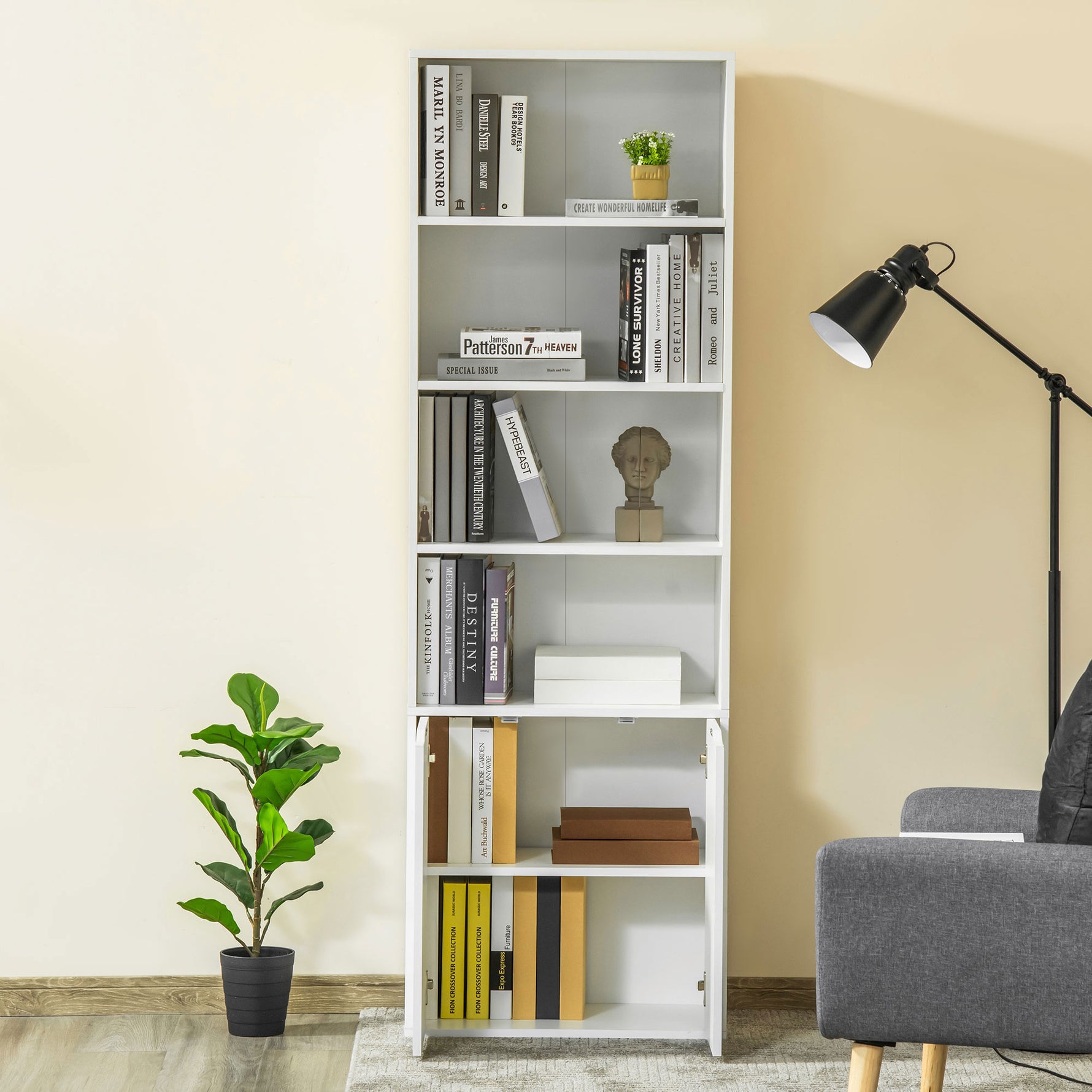 Bibliothèque Armoire à livres avec 4 compartiments ouverts et 2 portes pour le salon et le bureau 59x29x180 cm Blanc