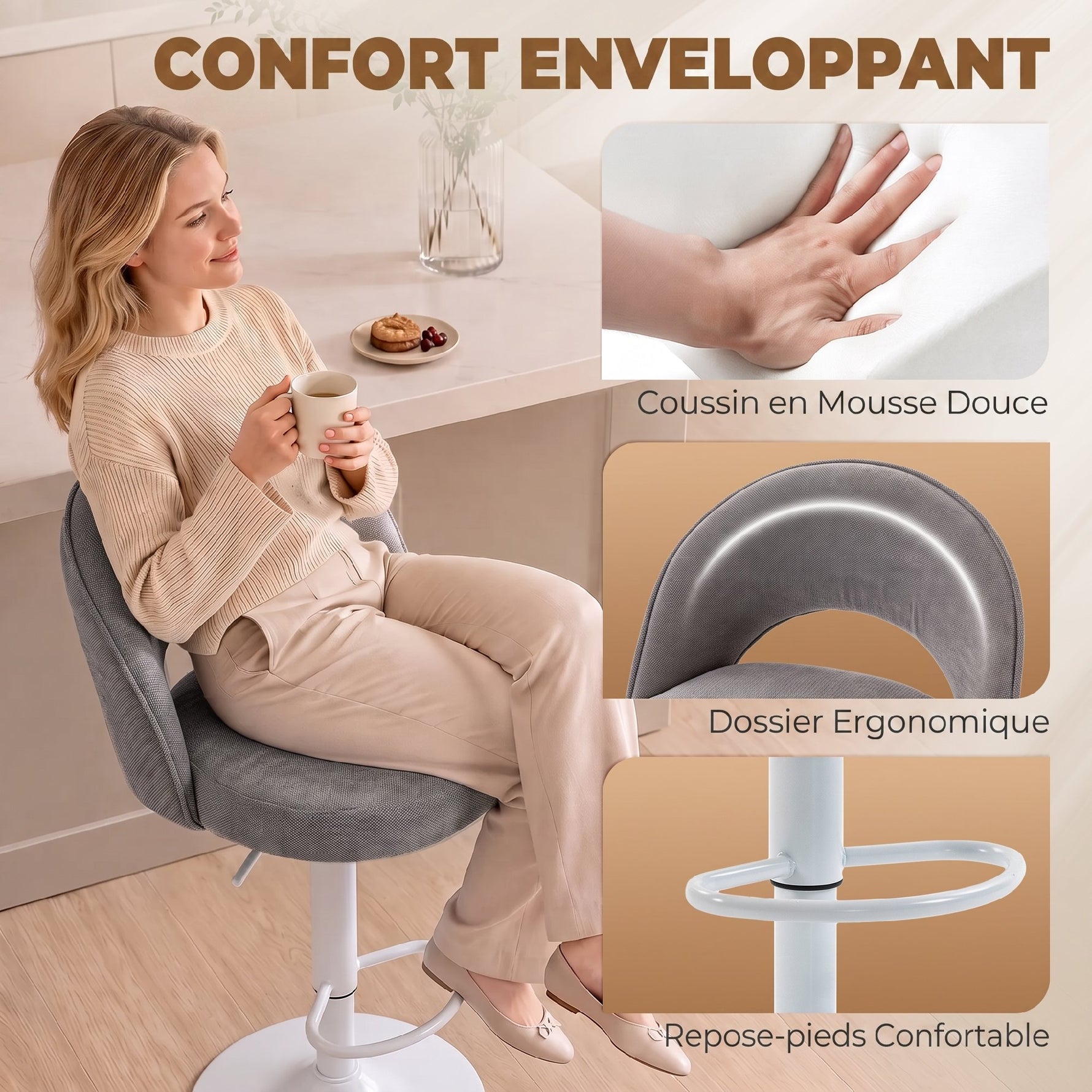 Lot de 2 Tabourets de Bar, Chaises de Bar Réglables en Hauteur, Assise Rembourrée en Chenille, Pivotant 360°, Gris