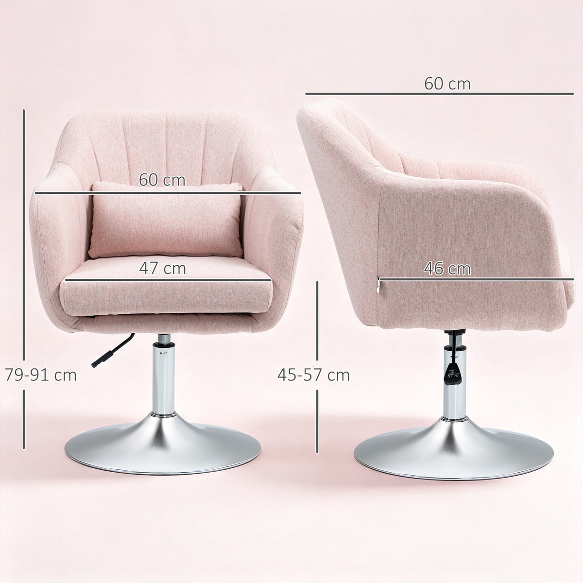 Fauteuil de salon coussins lombaires hauteur réglable pivotant 360° piètement en métal rose