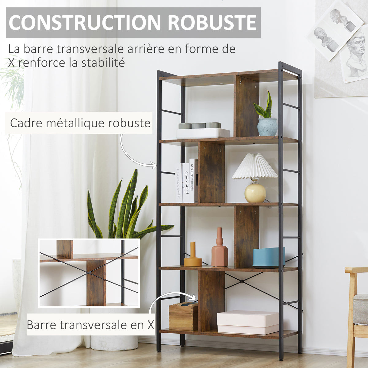 Bibliothèque étagère de rangement à 5 niveaux avec compartiments ouverts 74 x 30 x 157,5 cm brun rustique et noir