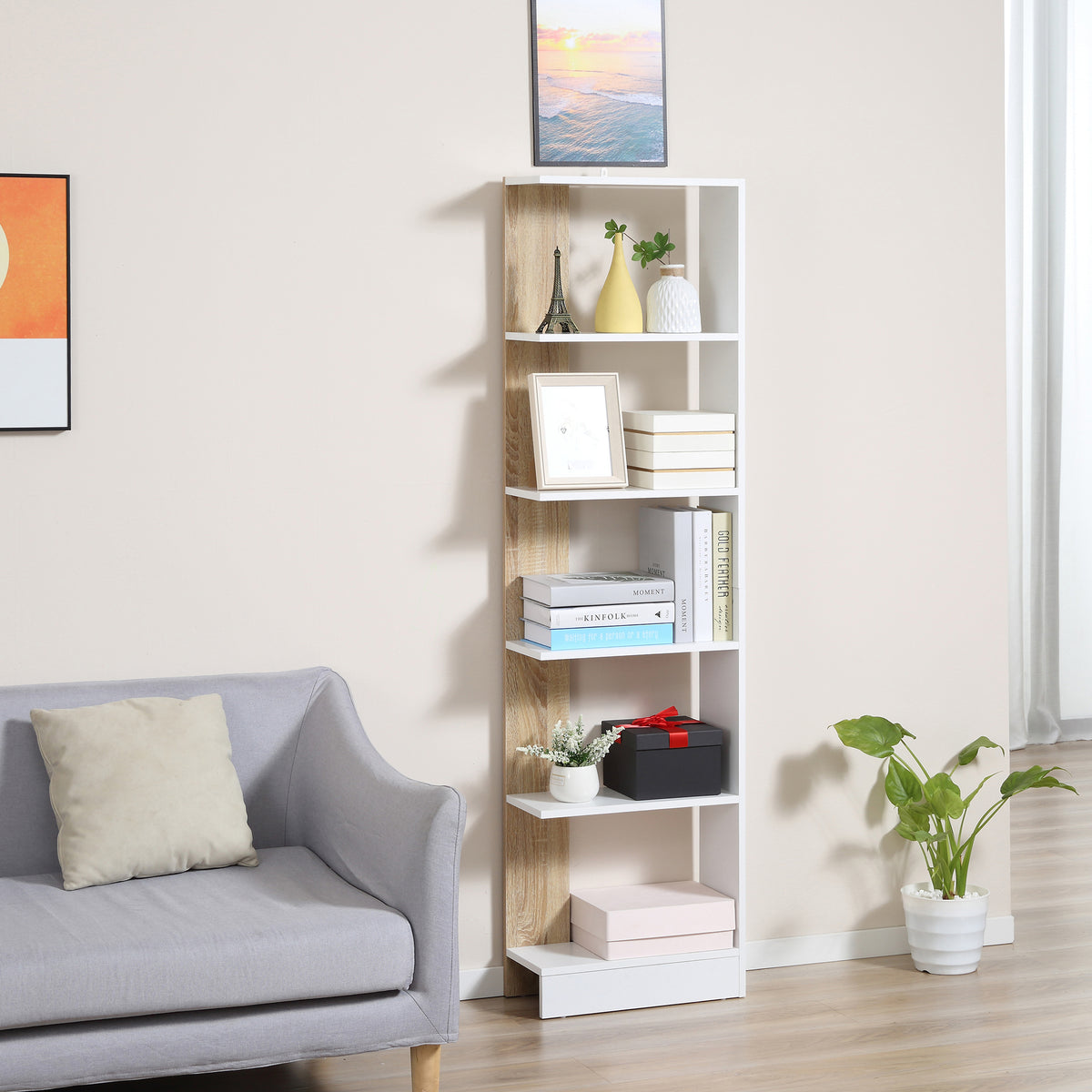 Bibliothèque Étagère de Rangement avec 5 Compartiments Ouverts Design Simple Moderne Blanc et Chêne