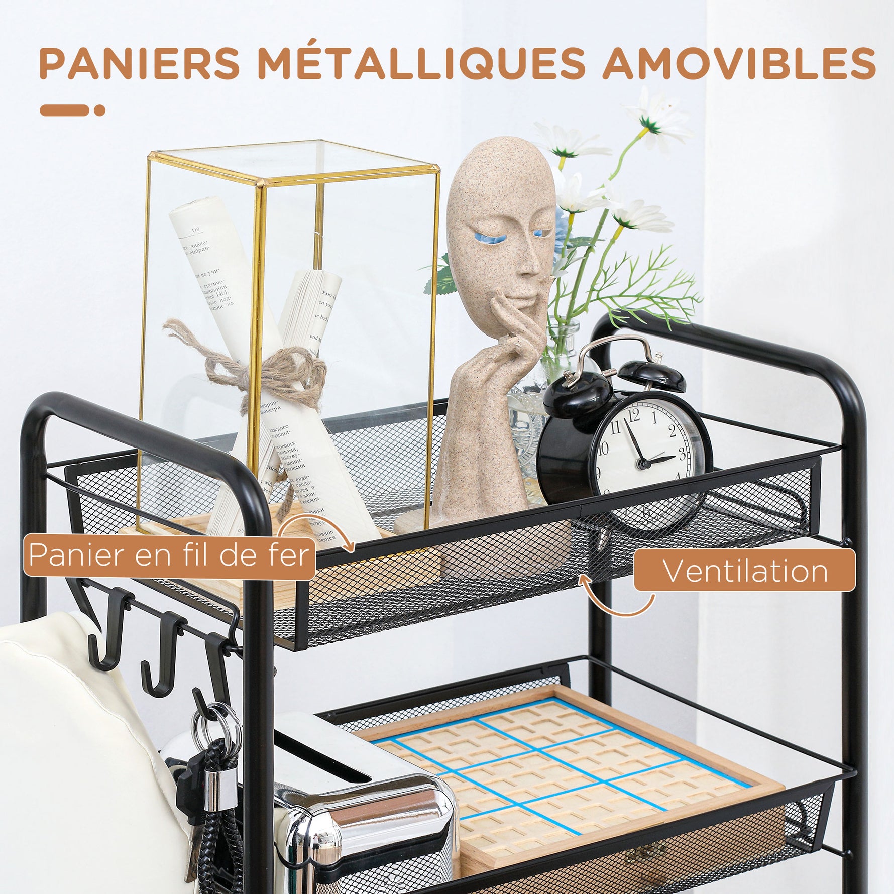 Chariot desserte de rangement à roulettes avec 5 paniers amovibles en acier, dim. 45L x 26.5l x 106H cm