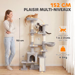 Arbre à Chat 5 niveaux 152cm, Niche, Hamac, Plateforme, Poteaux à Griffer, Balles Suspendues, Gris Clair