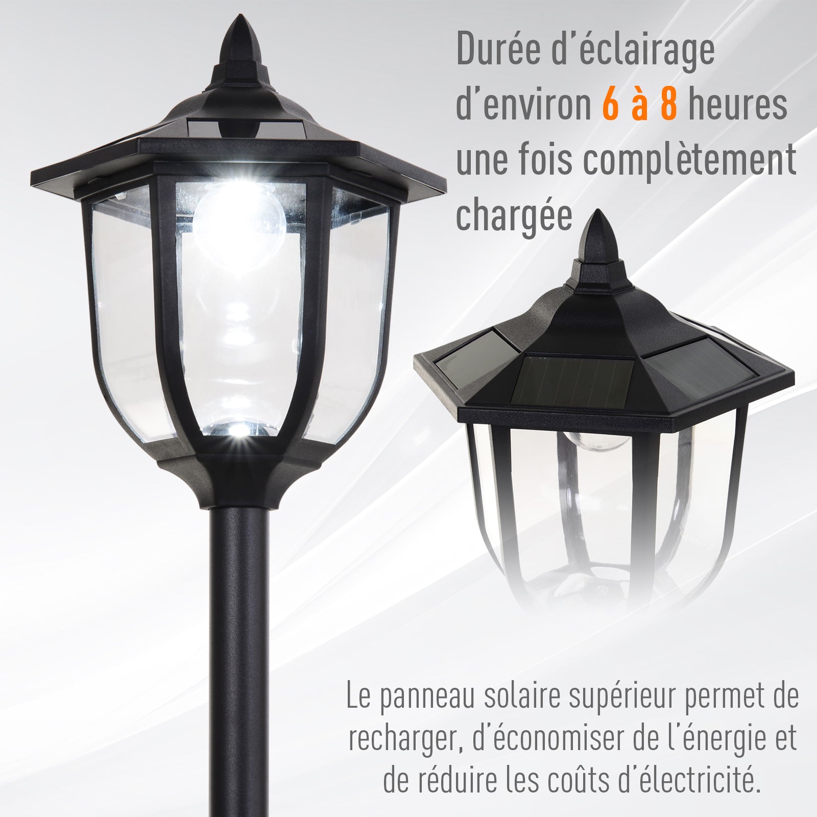 Luminaire extérieur lampadaire sur pied solaire lampadaire lanterne classique LED 60 Lm max. dim. 26L x 26l x 177H cm noir