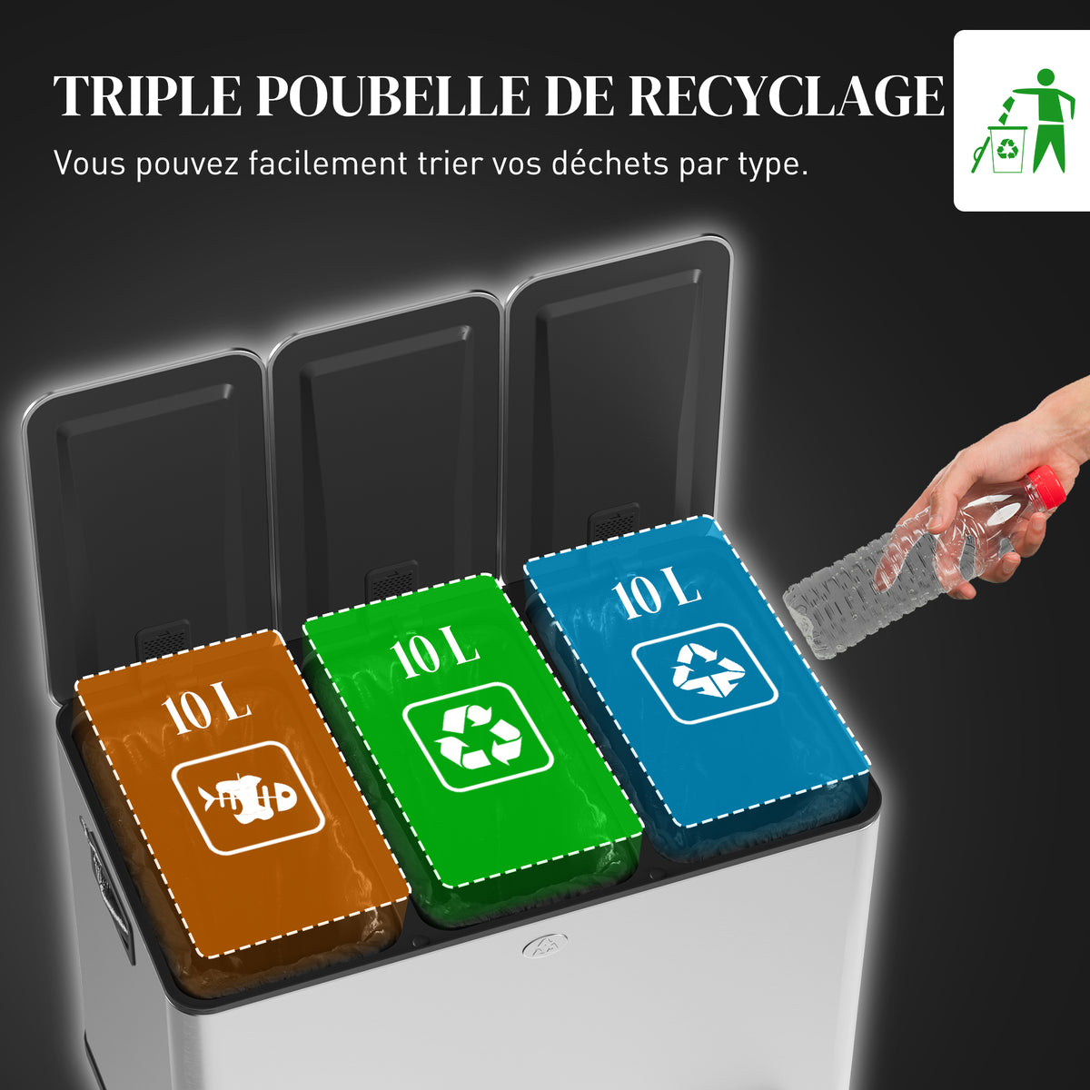 Poubelle de cuisine, poubelle tri sélectif, 3 compartiments de 10L, seaux intérieurs amovibles, 49,6x34,5x38,6cm, argent