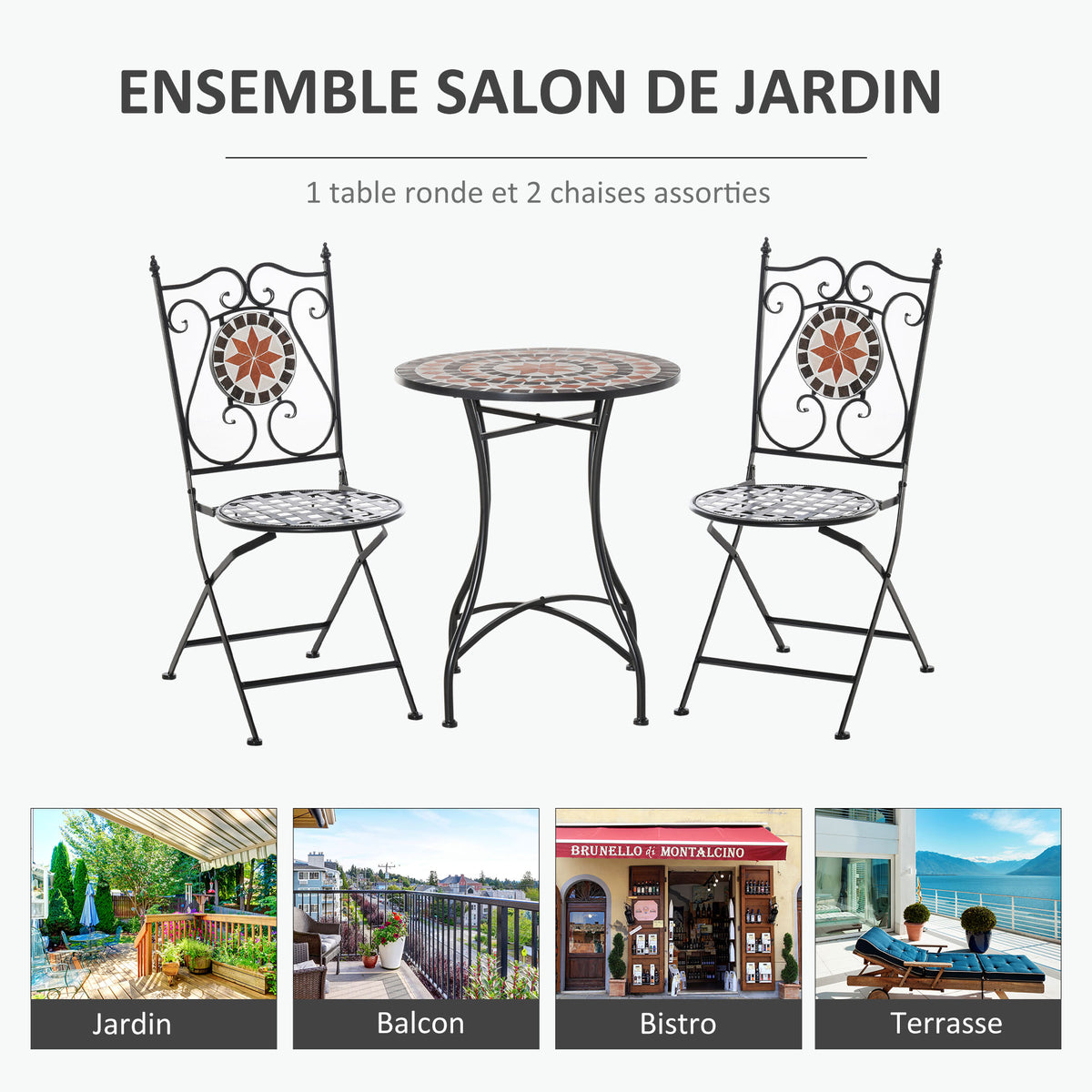 Ensemble Bistro 2 Places 3 pièces Style Fer forgé mosaïque céramique Motif Rose des Vents chaises Pliables