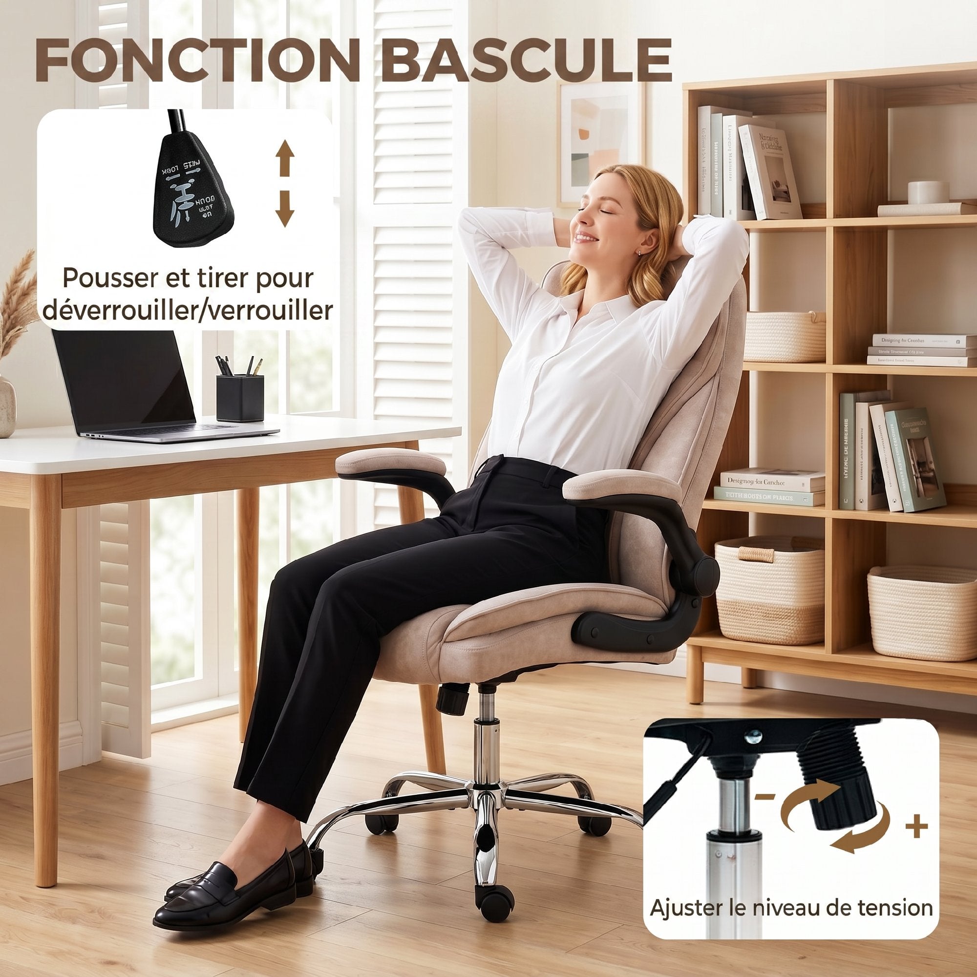Bureaustoel, ergonomische bureaustoel, in hoogte verstelbaar, opklapbare armleuningen, 70 x 70 x 114-122 cm, roze