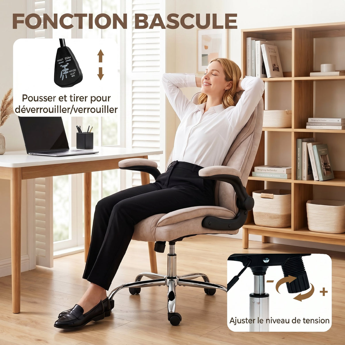 Fauteuil de bureau, chaise bureau ergonomique, hauteur réglable, accoudoirs relevables, 70 x 70 x 114-122 cm, rose