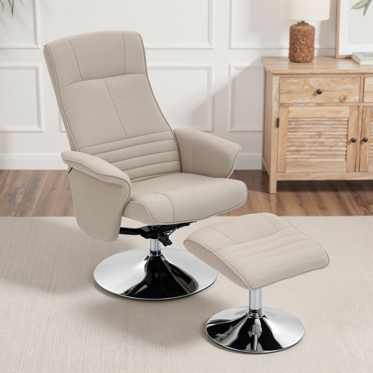 Fauteuil relax inclinable 135° pivotant 360° avec repose-pieds revêtement tissu beige