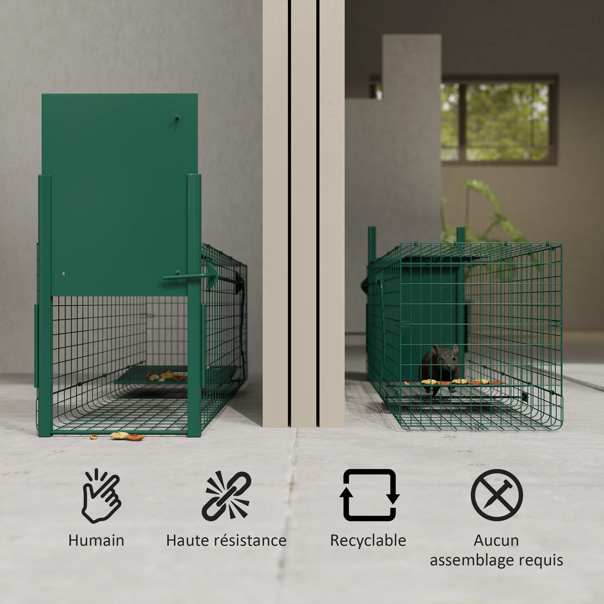 Cage attrape animaux nuisibles 1 entrée dim. 100L x 25l x 28H cm vert foncé