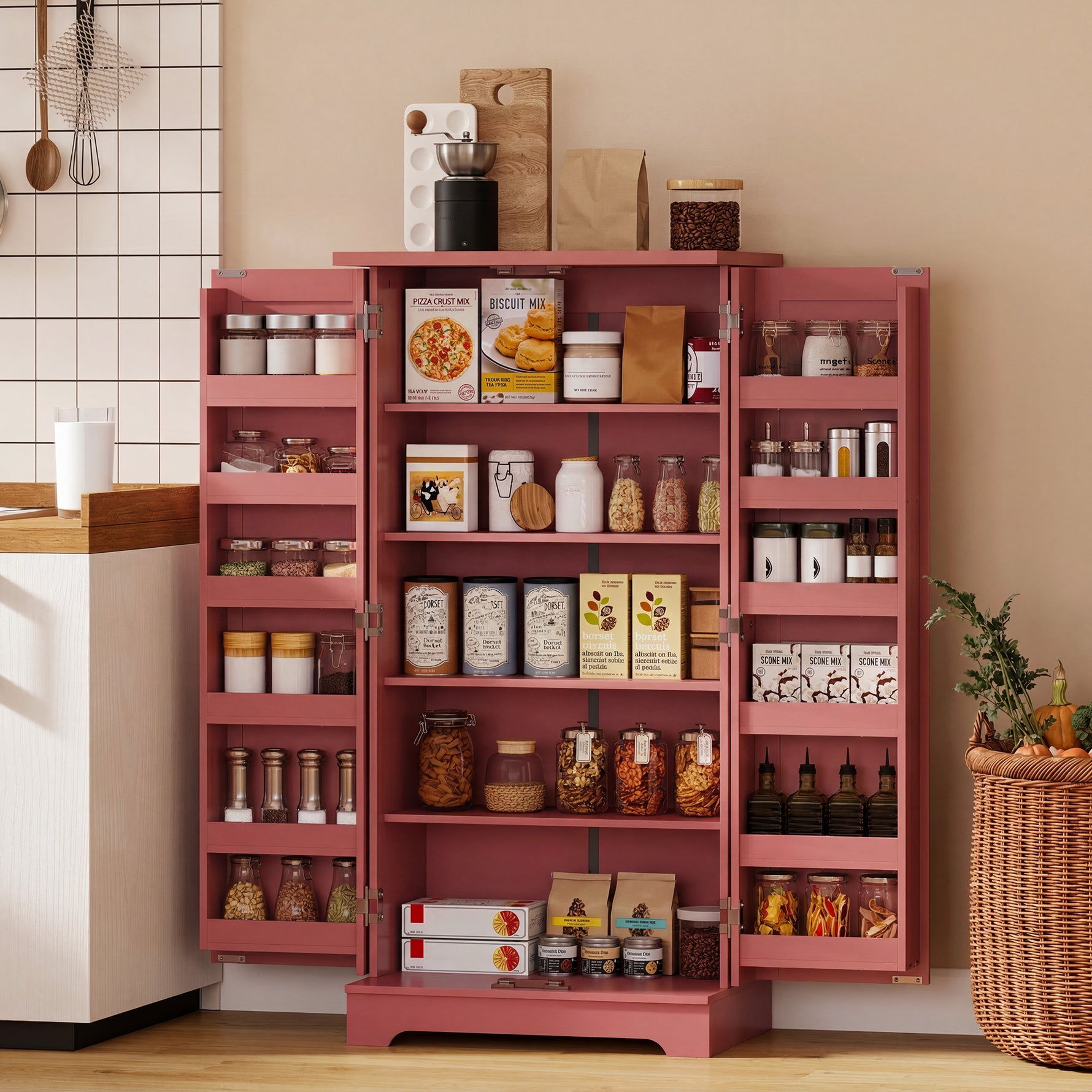 Buffet cuisine armoire de cuisine 5 niveaux avec portes et étagères réglables 60l x 40P x 120H cm grain de bois rouge