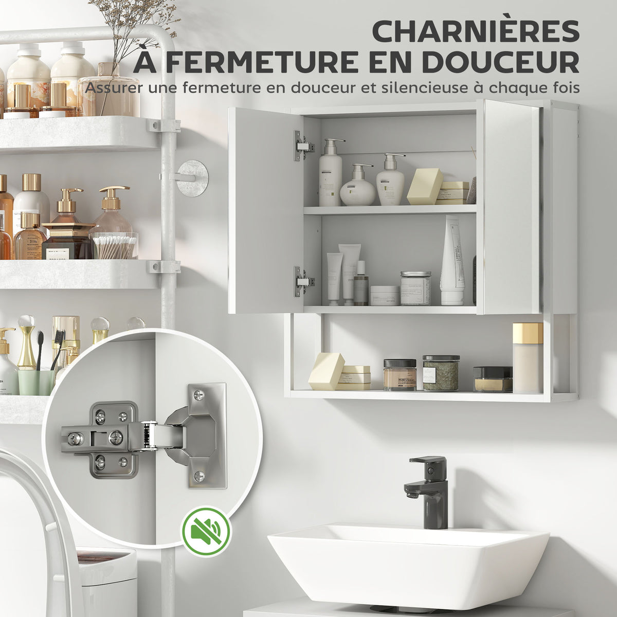 Armoire murale salle de bain avec miroir, meuble salle de bain, 2 portes miroir, étagère ouverte 60 x 16 x 60 cm blanc