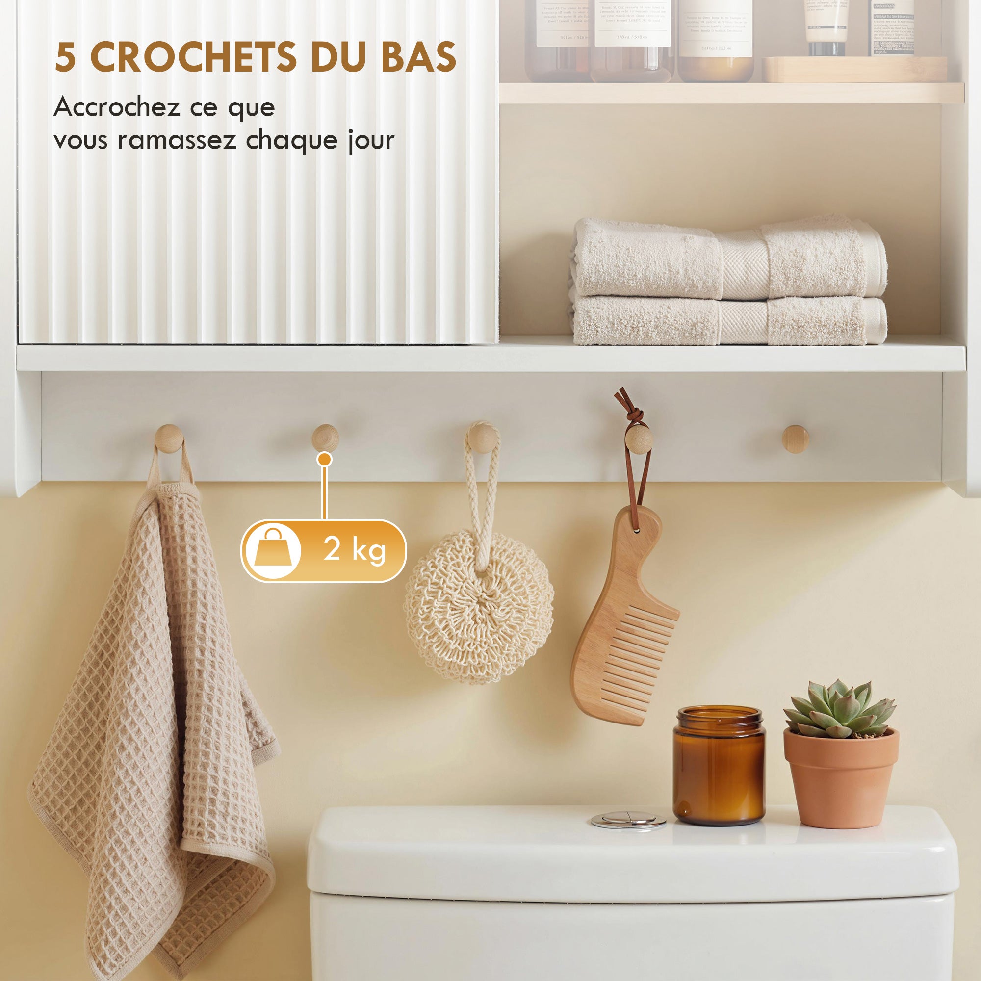Armadietto da bagno a parete, mobile contenitore per bagno con anta, ripiani a giorno e 5 ganci