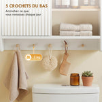 Armadietto da bagno a parete, mobile contenitore per bagno con anta, ripiani a giorno e 5 ganci