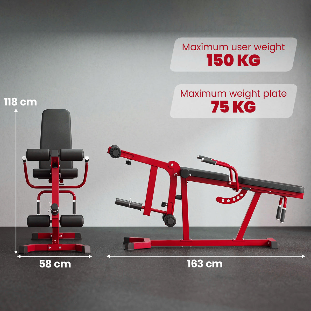 3-in-1-Beinstrecker 300 kg Belastbarkeit, verstellbare Rückenlehne und Positionen, freie Hantelscheiben, 163x58x118cm, Rot