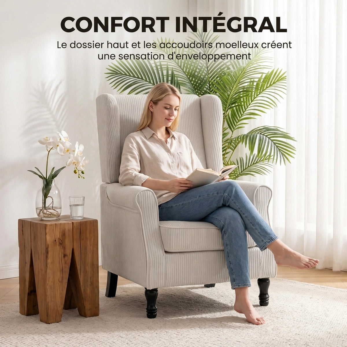 Wohnzimmersessel, moderner Beistellsessel aus Cord mit hoher Ohrensessel-Rückenlehne, Lendenkissen, Beige
