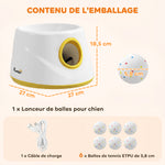 Lanciatore di palline automatico per cani, 6 palline in ETPU da 5,8 cm, 3 distanze regolabili (6/10/14 m), 27x27x18,5 cm, giallo