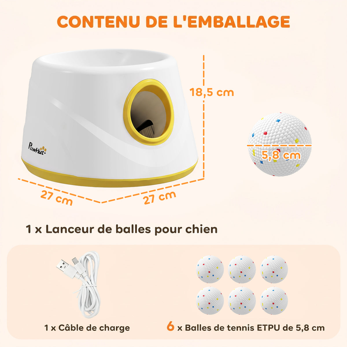Lanciatore di palline automatico per cani, 6 palline in ETPU da 5,8 cm, 3 distanze regolabili (6/10/14 m), 27x27x18,5 cm, giallo
