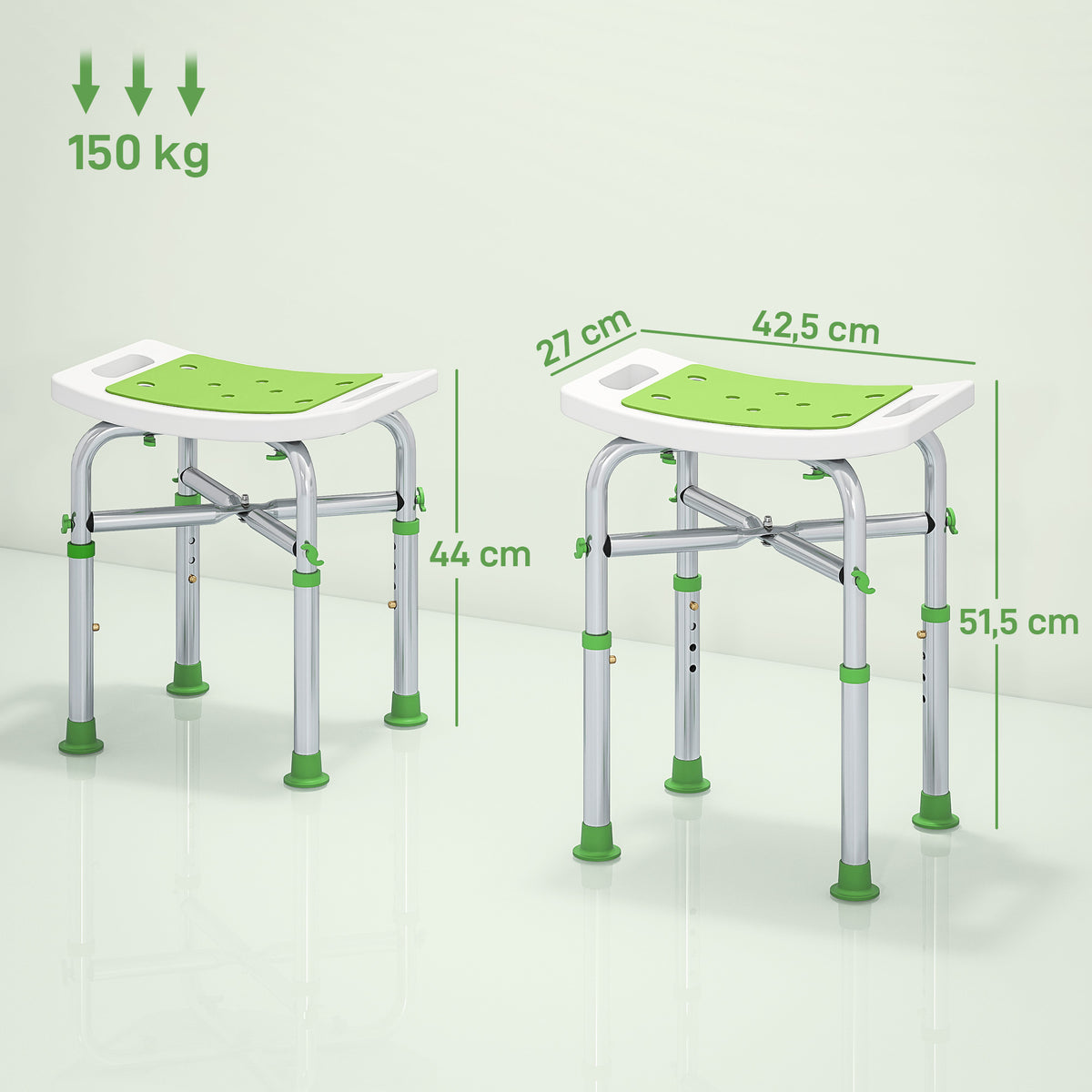 Tabouret de douche chaise de douche - assise rembourré et réglable, patins à ventouses antidérapants, en aluminium vert