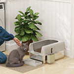 Bac à litière pour chat en acier inoxydable facile à nettoyer avec bords hauts anti-fuite d'urine, pelle inclus, gris