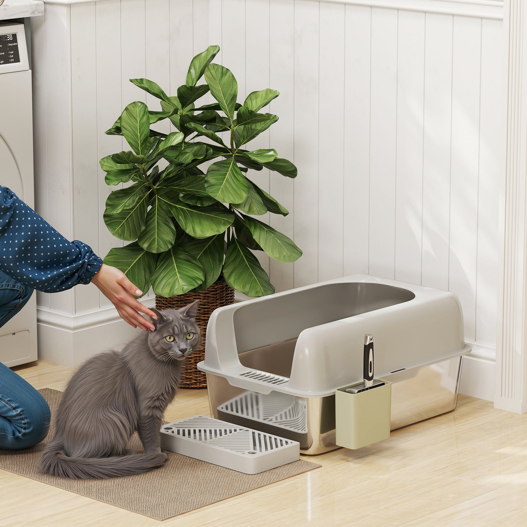 Bac à litière pour chat en acier inoxydable facile à nettoyer avec bords hauts anti-fuite d'urine, pelle inclus, gris