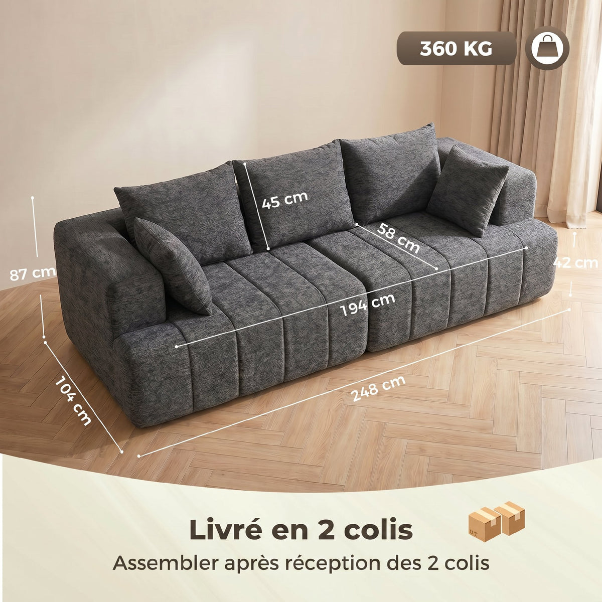 Canapé 3 places en chenille 248 cm, canapé salon moderne, large assise rembourrée, coussins à ressorts, gris