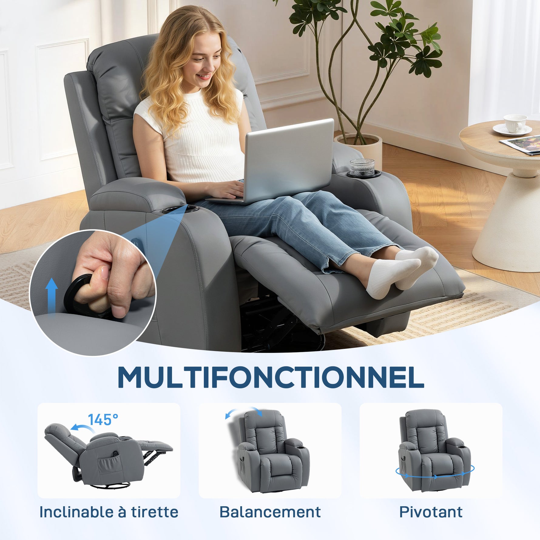 Fauteuil Inclinable de Massage et Chauffage, Fauteuil de Relaxation, Dossier Réglable, Pivotant, 82x99x103cm, Gris Clair