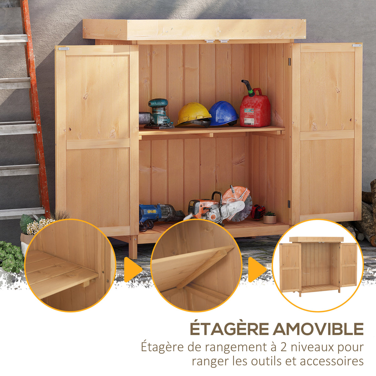 Armoire de Jardin sur Pied Double Porte étagère et Toit bitumé relevable dim. 74L x 43l x 88H cm Bois Massif de Sapin