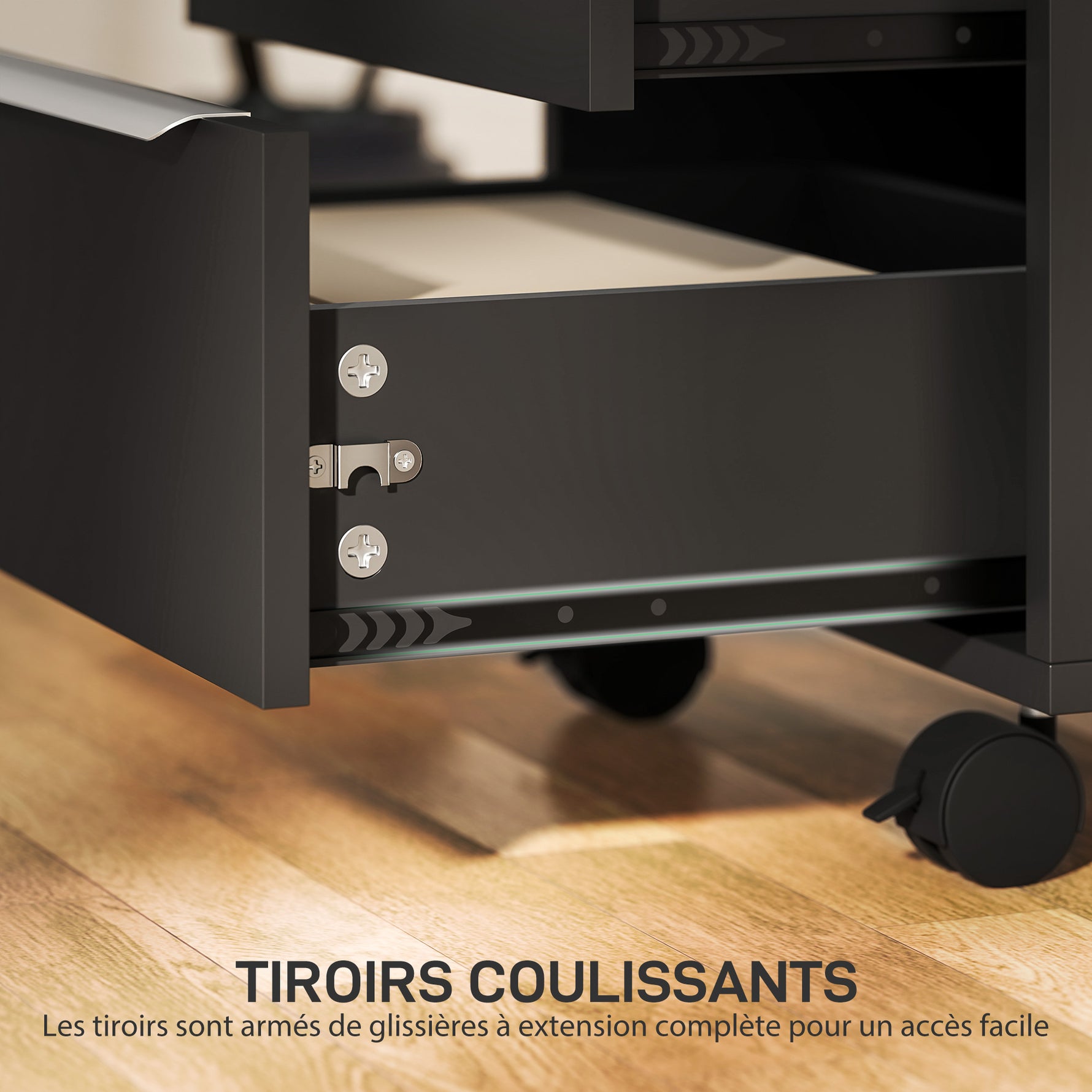 Caisson de bureau à roulettes avec 3 tiroirs et serrure, meuble rangement bureau sur roulettes, 40 x 40 x 63,5 cm, noir