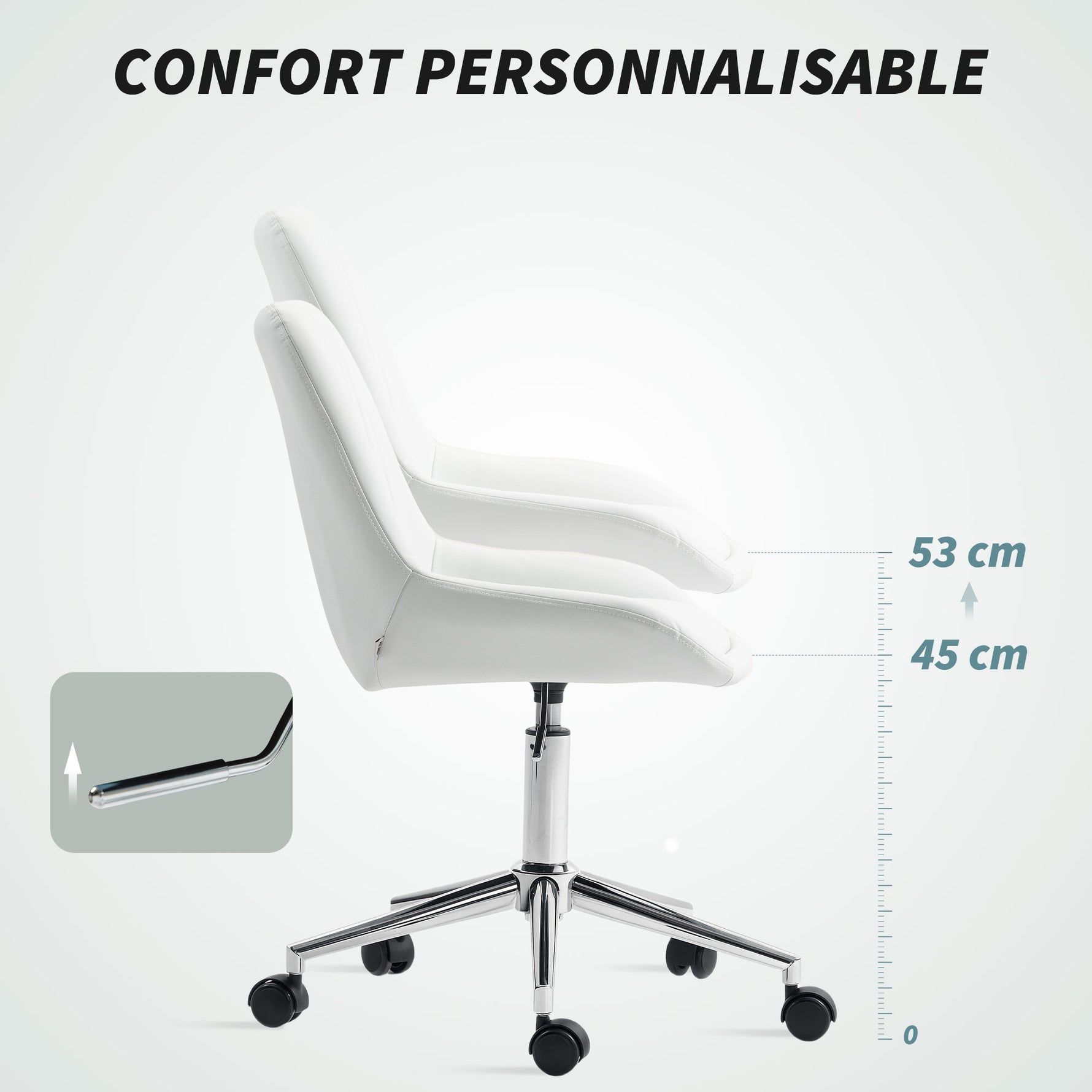 Fauteuil de bureau sans accoudoirs, chaise de bureau avec hauteur réglable, 52x58x80-90cm, blanc-5