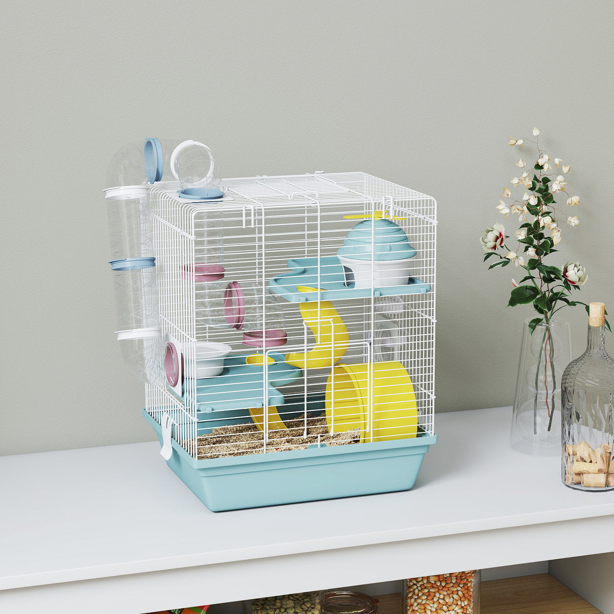 Cage hamster, cage rongeur à 3 niveaux, avec roue d'exercice, tunnel de jeu, gamelle, cabane, 34,5 x 27,5 x 41 cm, bleu