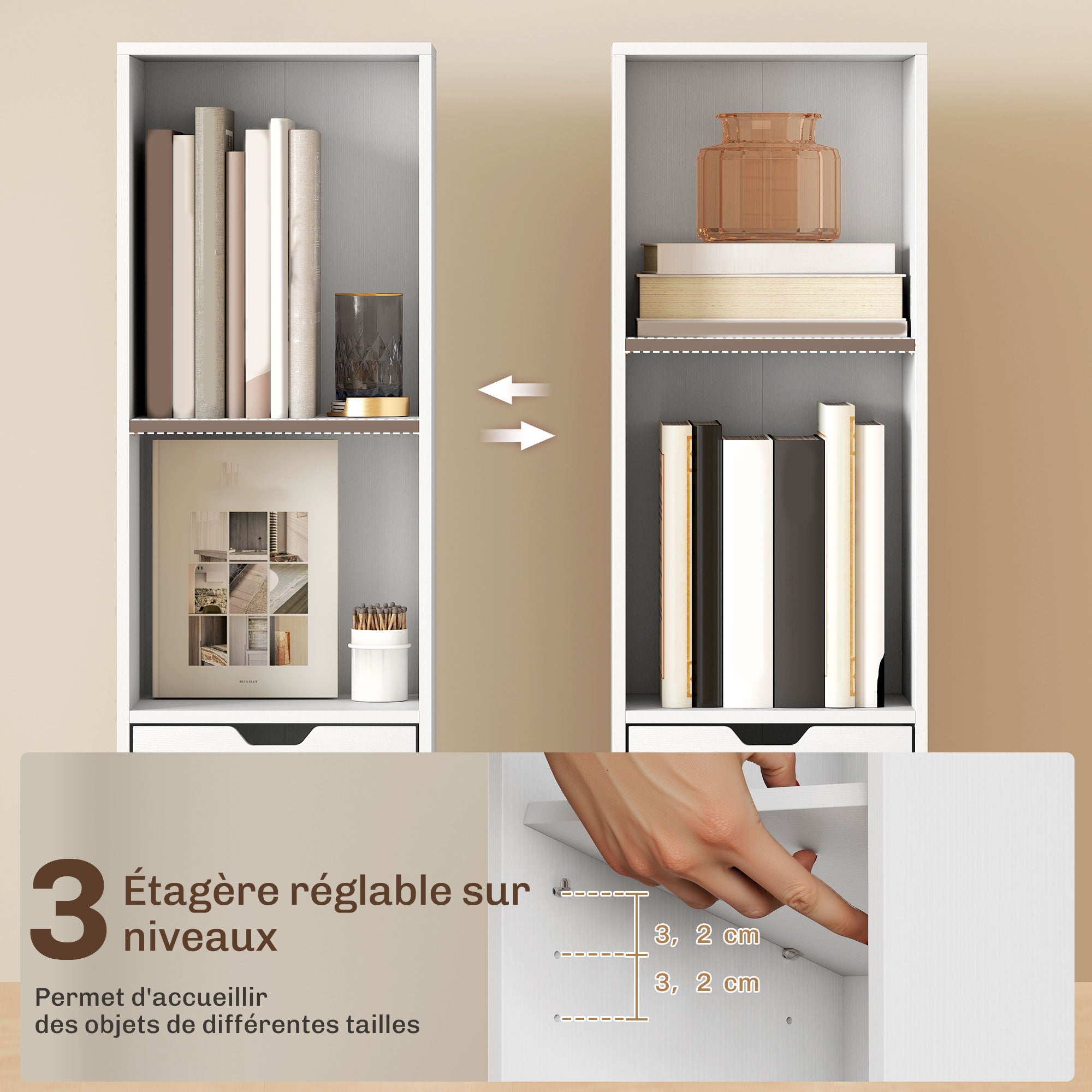 Bücherregal, Standregal, Aufbewahrungsmöbel mit Schublade, Schrankfach und offenen Fächern, 30 x 24 x 158 cm, Weiß