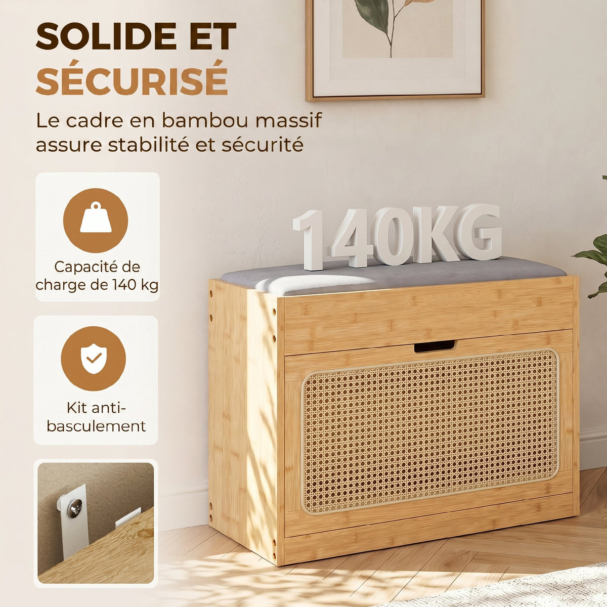 Banc chaussures entrée, banc de rangement en bambou, assise rembourrée, porte en rotin et étagère réglable, bois naturel