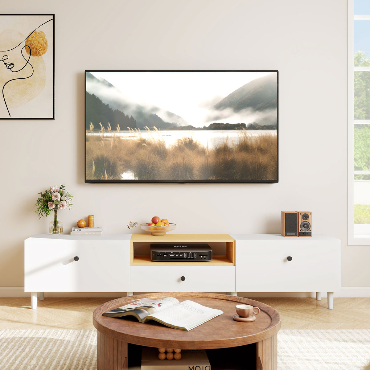 Meuble TV, meuble télé pour téléviseur jusqu'à 90 pouces avec 2 portes rabattables, tiroir, 200 x 35 x 45 cm, blanc