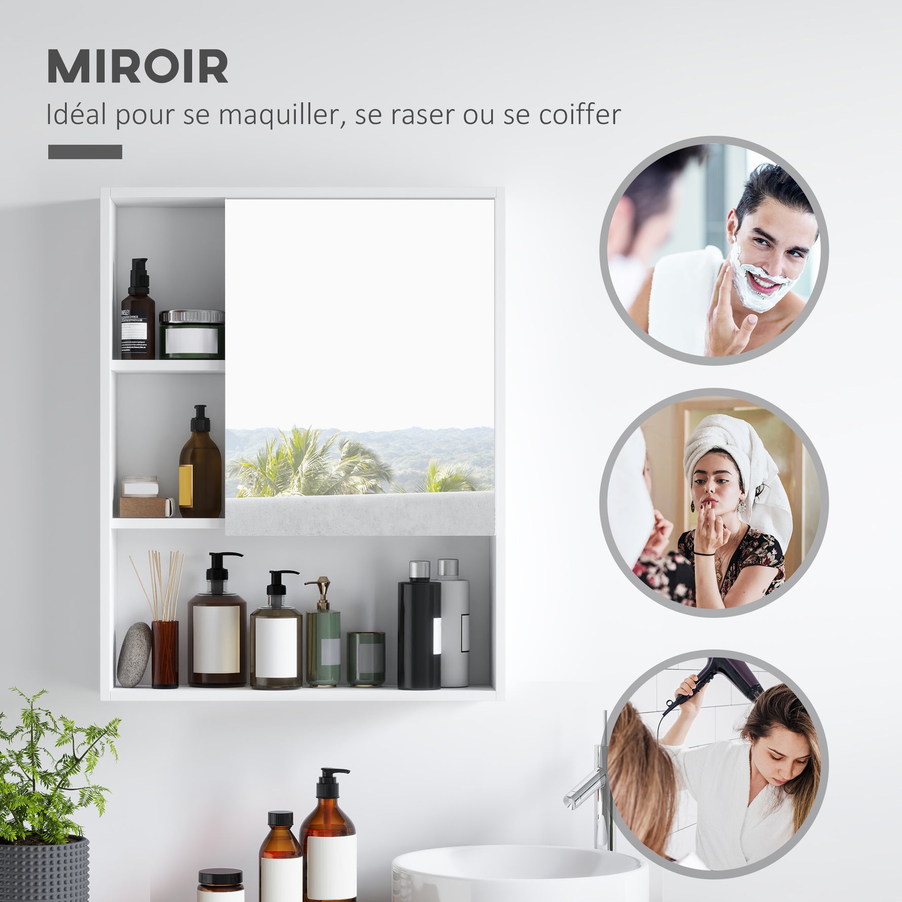 Armoire murale salle de bain avec miroir, meuble salle de bain, 5 compartiments et étagère réglable, 60x15x76cm, blanc