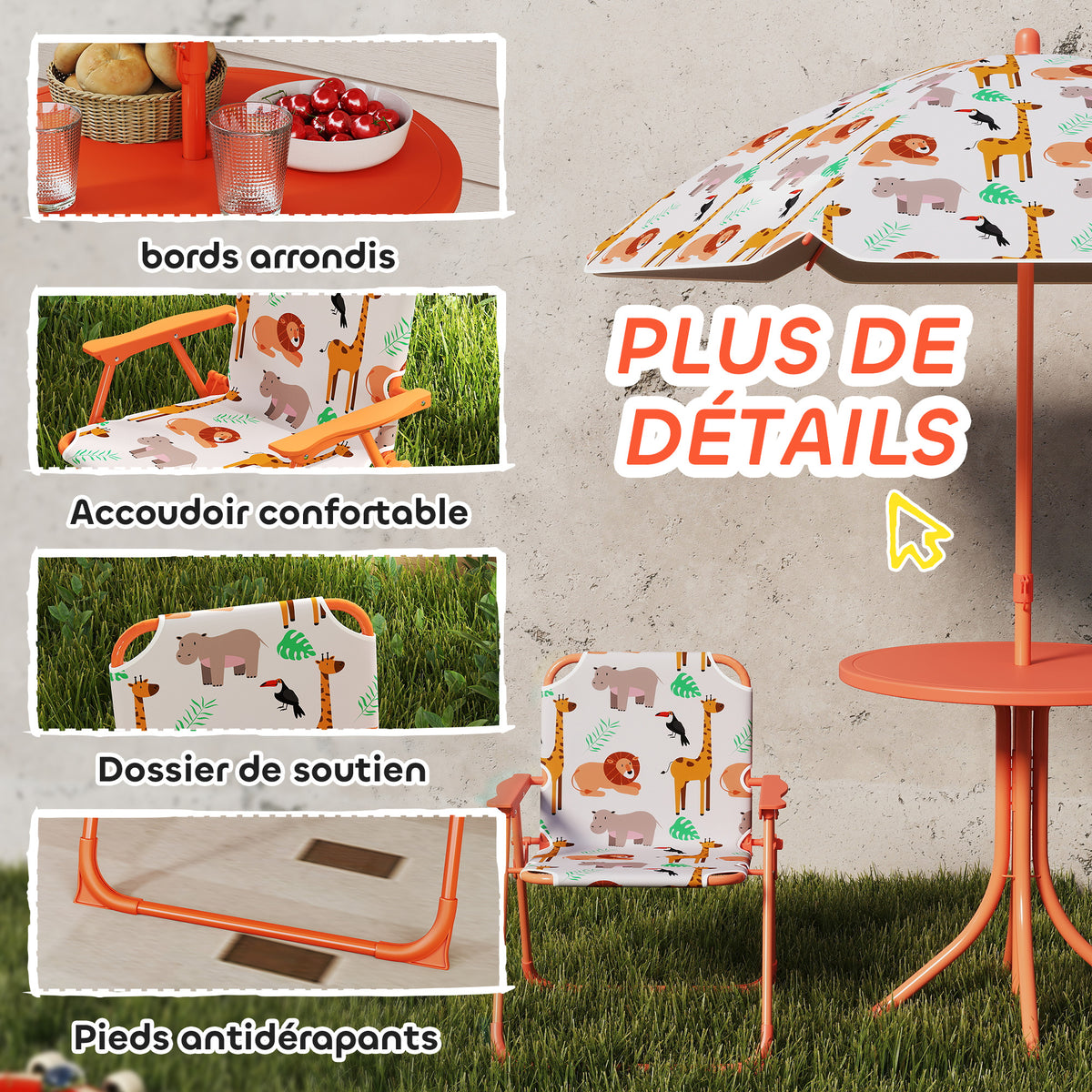 Salon de jardin enfant, table enfant avec 2 chaises pliantes et parasol Ø 100 cm, motif animal, orange