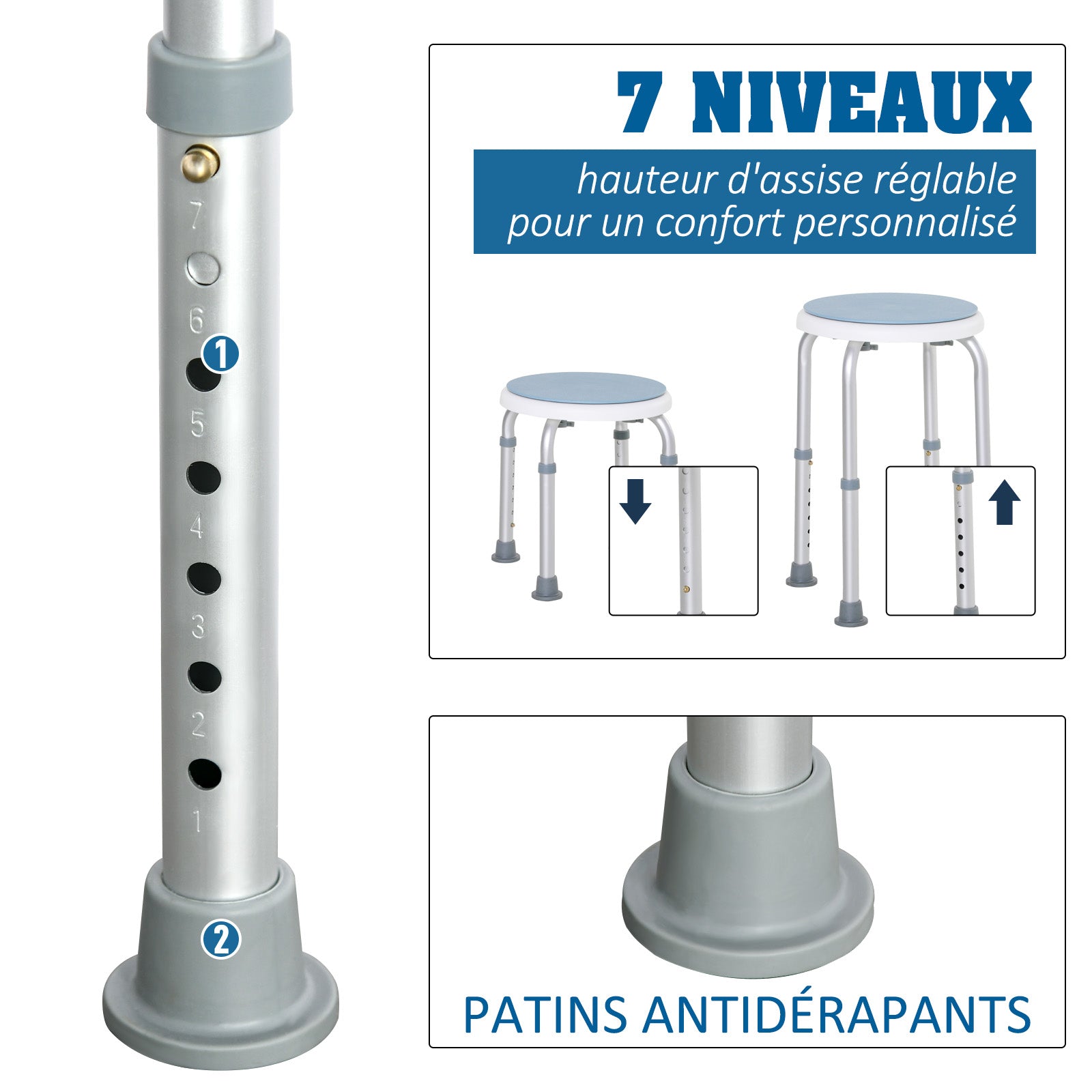 Tabouret de douche siège de douche antidérapant tabouret de bain hauteur réglable pivotant à 360° en aluminium