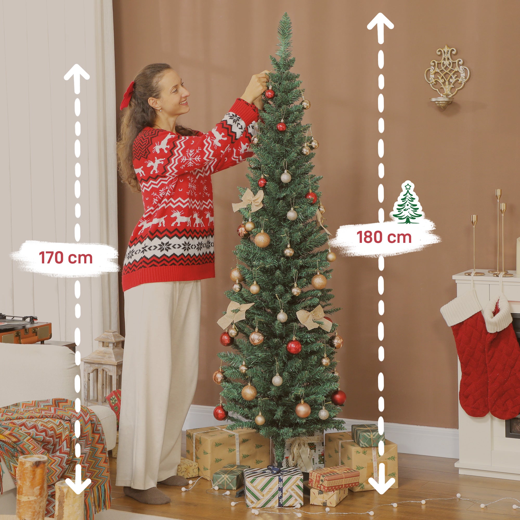 Sapin de Noël artificiel 180 cm, arbre de Noël slim, 321 pointes, facile à monter et ranger, pour maison bureau, vert