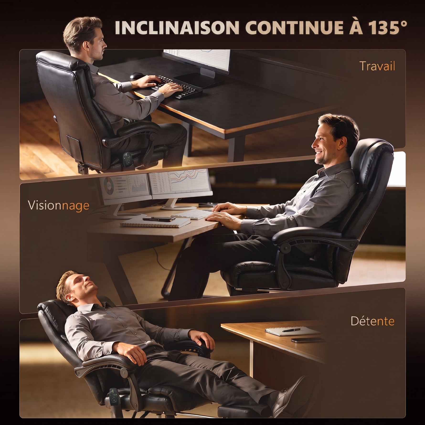 Fauteuil de Bureau Massant Vibrant et Chauffant, Chaise Bureau Ergonomique en PU avec Hauteur Réglable, Noir