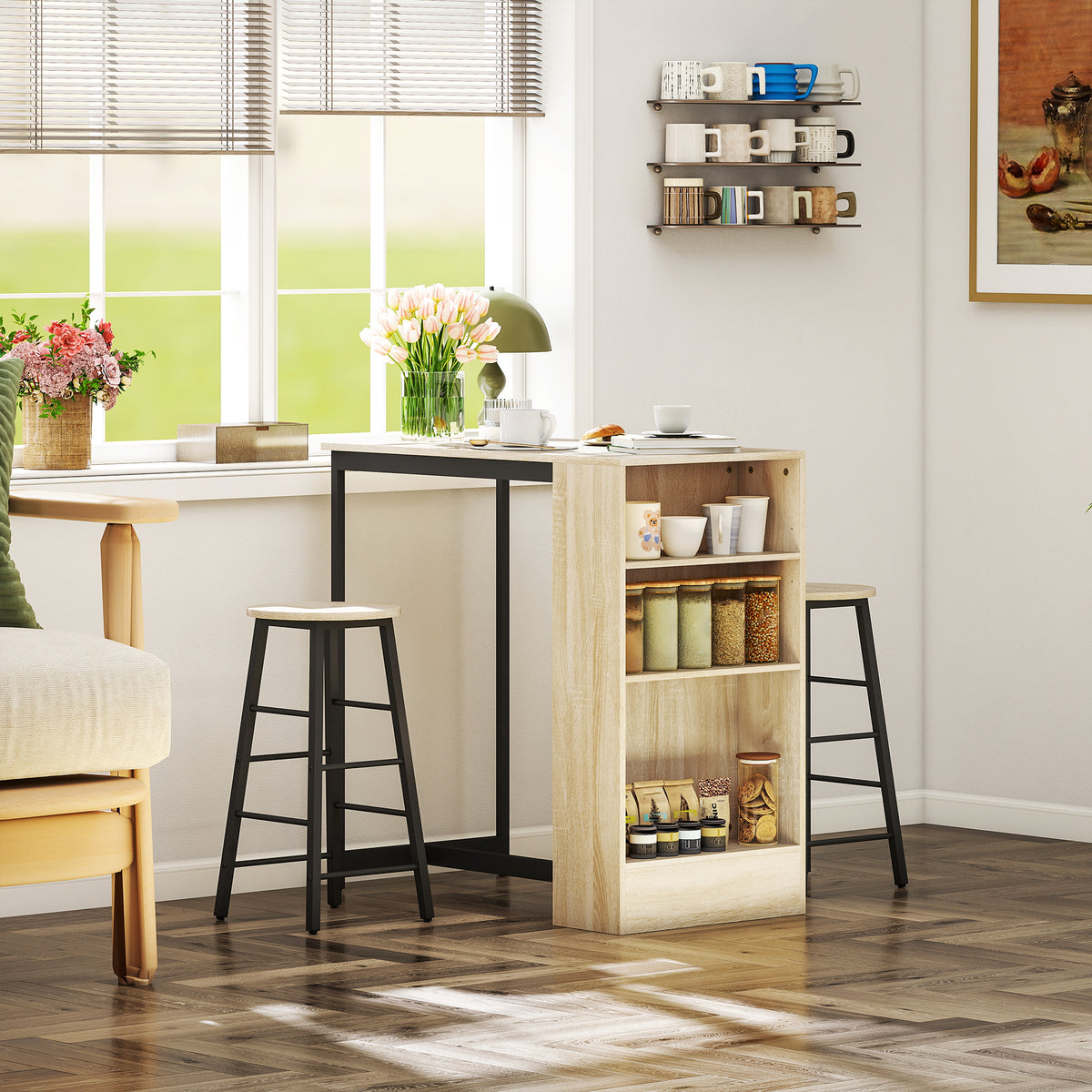 Bartisch-Set mit Hockern, offenen Fächern, verstellbarem Regal und Fußstützen, Eiche und Schwarz