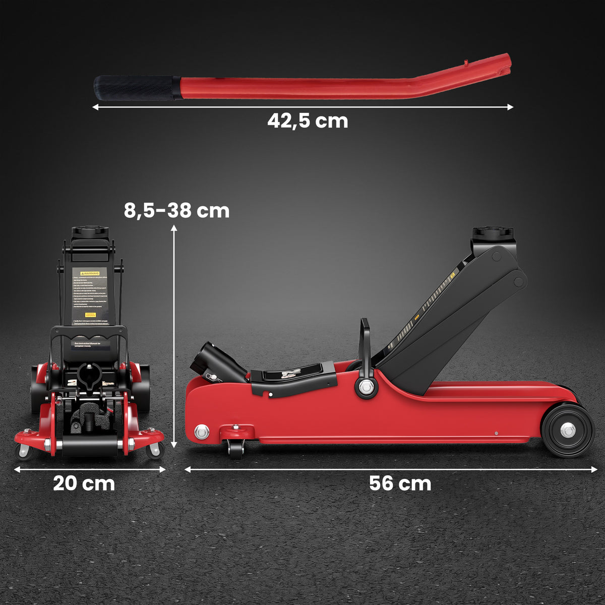Gato Hidráulico Gato de Rodillos 2,5 Toneladas de Perfil Bajo para Coche Elevación 85-380mm Placa de Goma 90x22x38cm Rojo