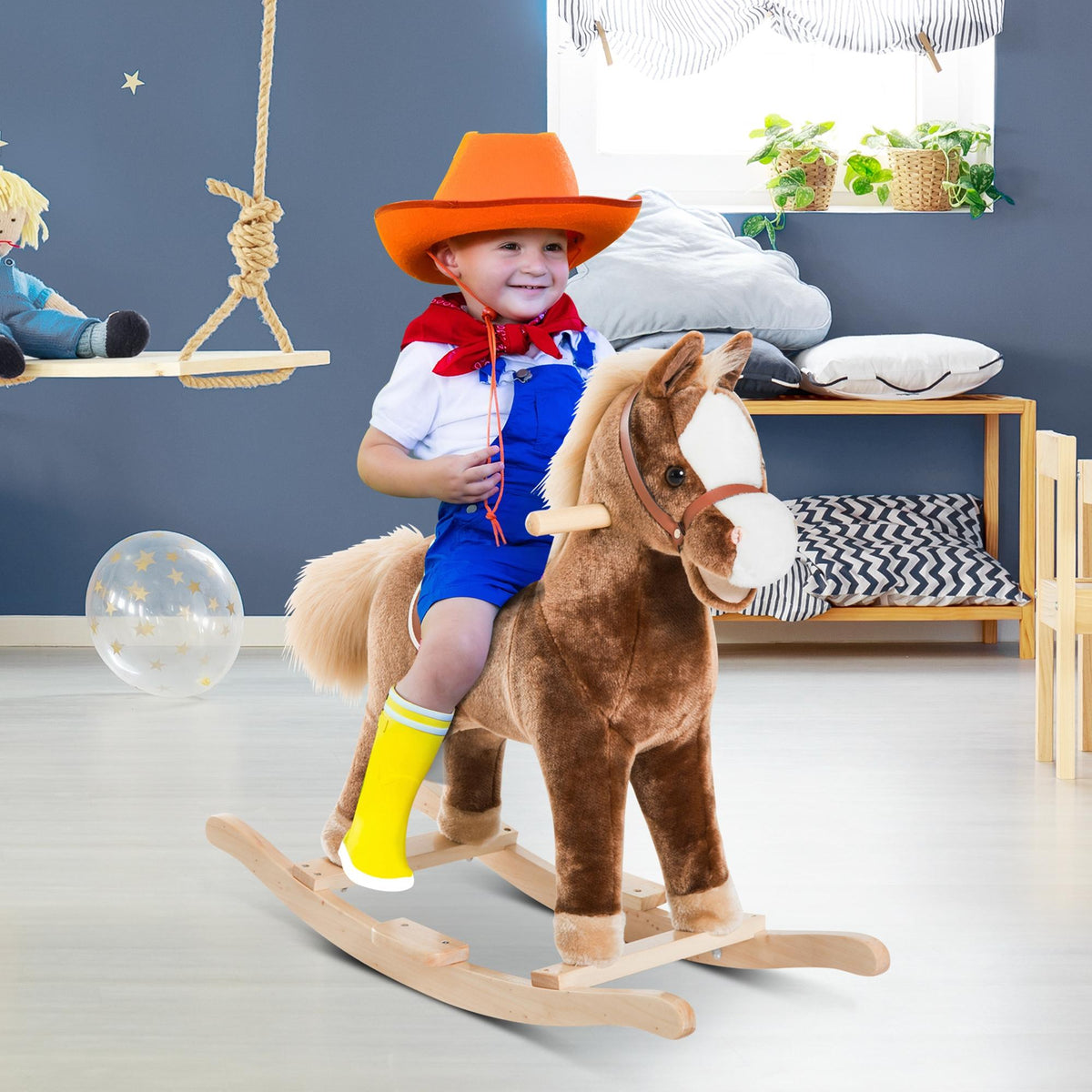 Schaukelpferd Cowboypferd Sattel Großer Komfort für Kinder ab 36 Monaten Kurzflor Plüsch Weich Holz Pappel Belastung 40 kg Braun Weiß
