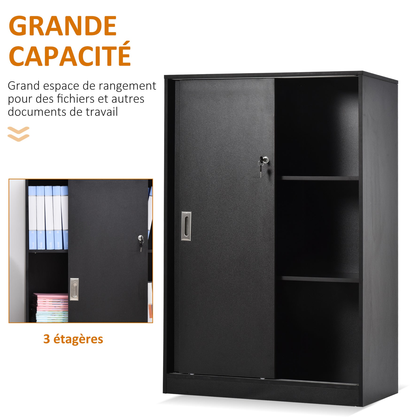 Armoire de Bureau 2 Portes coulissantes verrouillables dim. 80L x 40l x 120H cm 2 étagères Panneaux Particules Noir