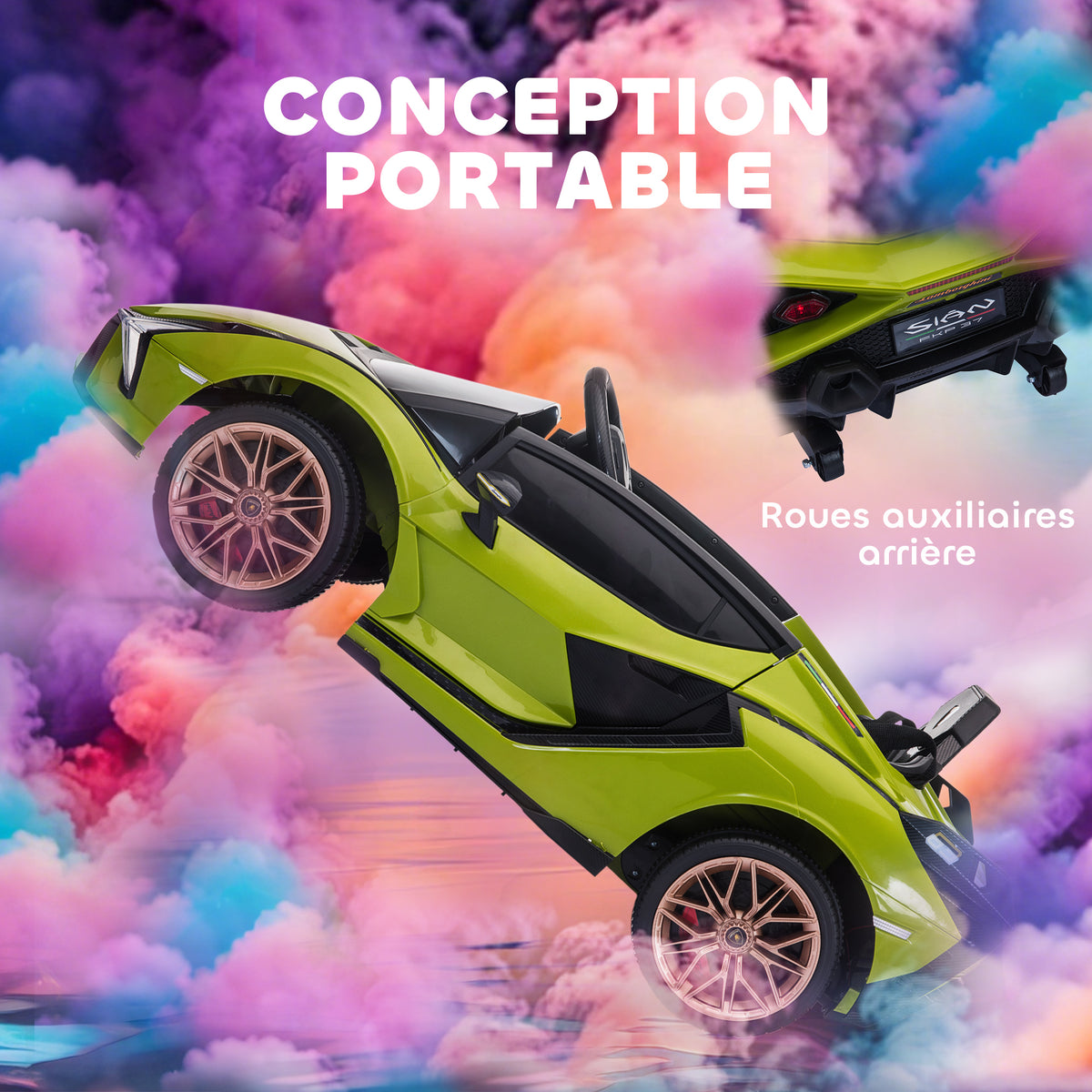 Voiture électrique Enfants de Sport Véhicule électrique Lamborghini Sian 12 V - V. Max. 5 Km/h avec Télécommande 2,4G Effets sonores + Lumineux Vert