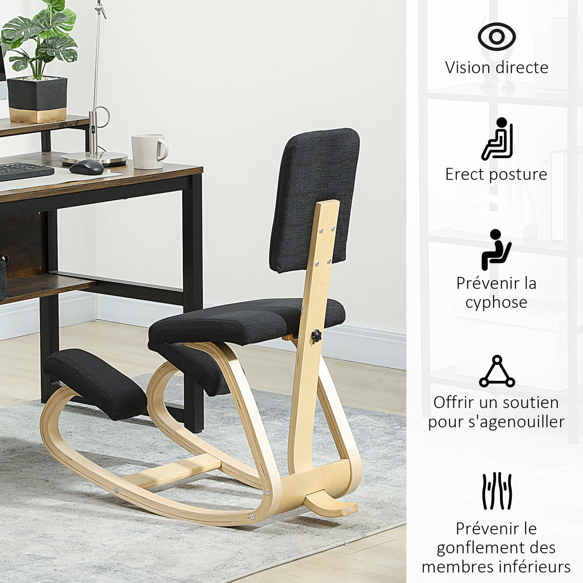 Siège assis genoux, tabouret ergonomique en bois à bascule avec dossier, chaise à genoux pour bureau à domicile, noir