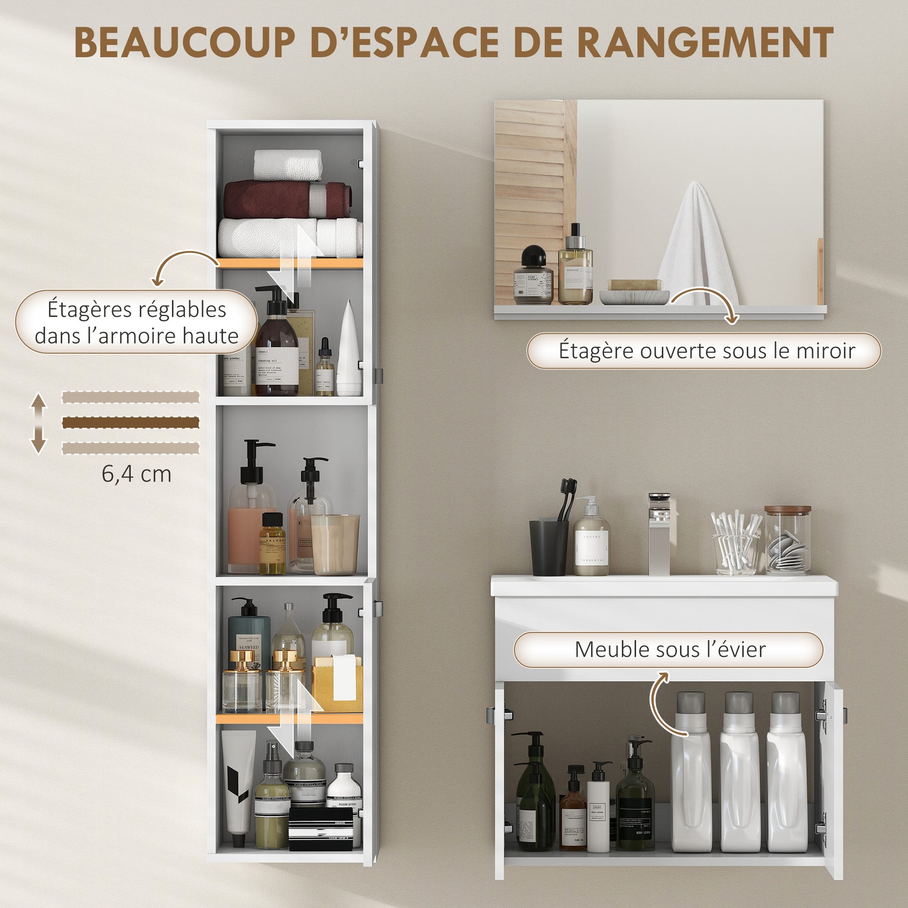 Ensemble de Meubles de Salle de Bain 4 Pièces, Mural, avec Miroir, Meuble sous Vasque, Lavabo et Armoire Haute, Blanc