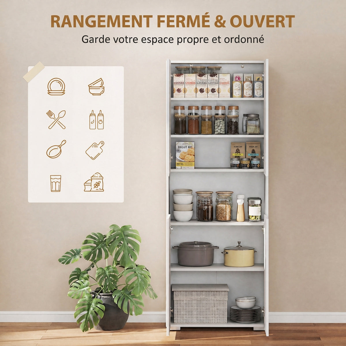 Buffet haut cuisine, armoire de cuisine, 4 portes à fermeture douce et étagères réglables, 68x34x180cm, blanc brillant
