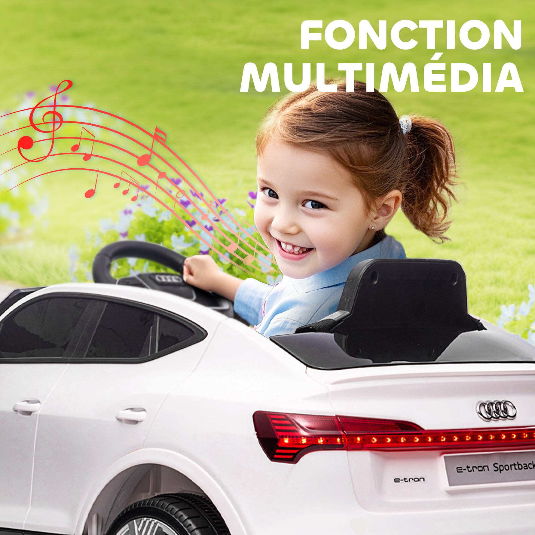 Voiture électrique enfants sous Licence Audi e-tron Sportback, véhicule électrique 12V Max. 5 Km/h avec télécommande 2,4G, phares LED, musique, klaxon, port USB, MP3, blanc